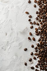 Wall Mural - Roasted coffee beans scattered on a white textured background with copy space. Concept of caffeine, breakfast, aroma, and taste.