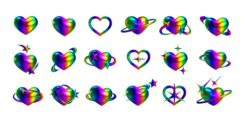 Wall Mural - 3d holographic rainbow hearts with shiny metallic surface in y2k style. glossy hearts with iridescen