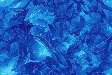 seamless pattern with abstract blue leaves and floral shapes. the design is bold and vibrant, with a
