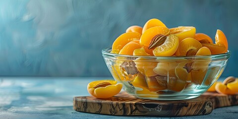 Freshly sliced organic apricots in a glass bowl, ready to eat. Juicy and healthy summer fruit.