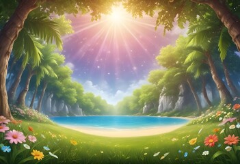 Beautiful fantasy landscape of a forest in the sun