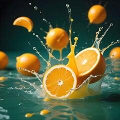 Orange tropical summer cocktail with splash and oranges