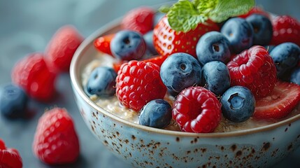 Wall Mural - Fresh Blueberries, Raspberries, and Strawberries in a Bowl of Oatmeal