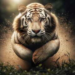 Wall Mural - High-speed photography of a white tiger running fast in the tall grass, motion blur and a fast shutter speed