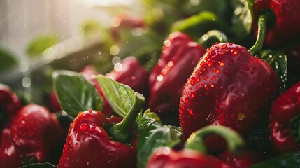 Wall Mural - Fresh red bell peppers with green leaves, covered in water droplets, in a market or farm setting, showcasing freshness and natural produce.