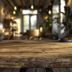 Wall Mural - Rustic wooden table in a cozy, warmly lit interior with blurred background of a modern cafe or restaurant.