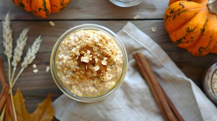 shot of pumpkin spice overnight oats on a pine table