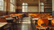 © jex - Empty school classroom with rows of vintage wooden desks and chairs. Soft lighting enhances the nostalgic atmosphere. Ideal for themes on education, back to school, and traditional classroom settings.