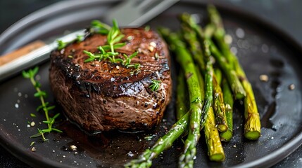 smoky grilled filet mignon with a side of asparagus