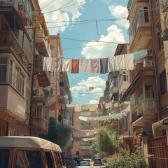 Wall Mural - simple cg render of colorful clothing line hanging between buildings in Yerevan