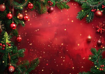 Wall Mural - Merry Christmas background with Christmas tree branch decorated with hanging balls on red background