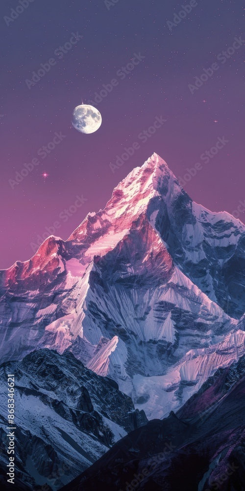 Majestic snow-covered mountain peak illuminated by a full moon under a ...