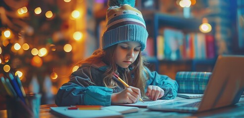Young girl studying indoors during winter with christmas decor and warm lighting