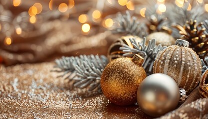 Radiant silver and gold holiday ornaments on cozy brown background with free copy space