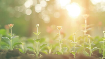 Sunlit sprouts young plants growing in warm morning light with bokeh background