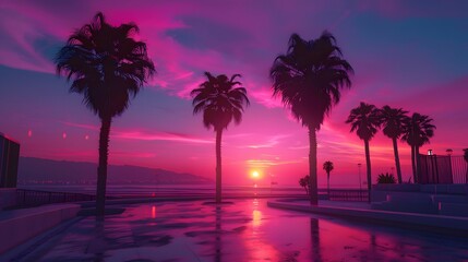 Wall Mural - Pink Sunset Palm Trees Beach