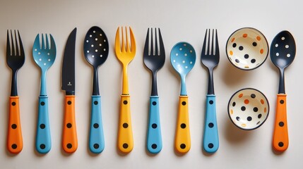 A vibrant and colorful flatware set with knife, fork and spoon against a white background