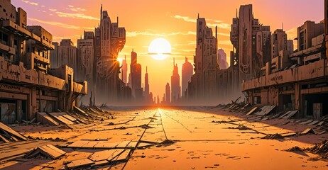 Wall Mural - desert sci-fi futuristic wasteland sunset. cyberpunk city ruins buildings and towers. debris, rubble, and junk buried with sand in summer.