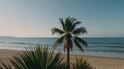 Wall Mural - Palm tree on the beach, sea view landscape with a large palm tree by the bay, summer vibe