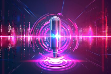 A voice recognition icon with sound waves emanating from a digital microphone