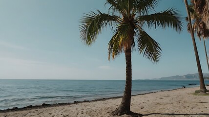 Wall Mural - Palm tree on the beach, sea view landscape with a large palm tree by the bay, summer vibe