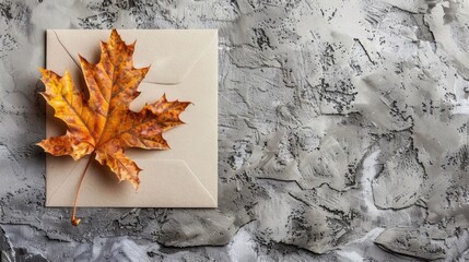 Sticker - Autumn leaf greeting card mockup on concrete background viewed from above