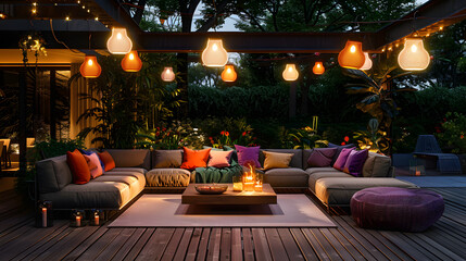 Wall Mural - contemporary outdoor seating arrangement featuring modular sofas, a stylish area rug, and hanging string lights 