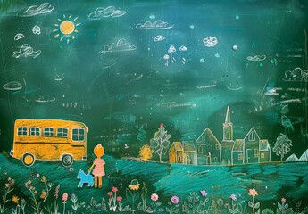 rural sunset with school bus and church, chalkboard art style