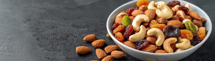 A bowl of mixed nuts and dried fruit on a counter