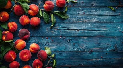 Wall Mural - Fresh, ripe peaches on a wooden background among green foliage. A sweet fruit from the garden. A useful product. Diet and proper nutrition. A place for the text.