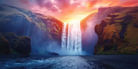 Wall Mural - Majestic Waterfall at Sunset in Iceland