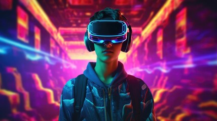 People wearing VR goggle while enter metaverse with neon color background. People with VR headset against abstract neon pattern background. Concept of virtual reality and futuristic technology. AIG35.