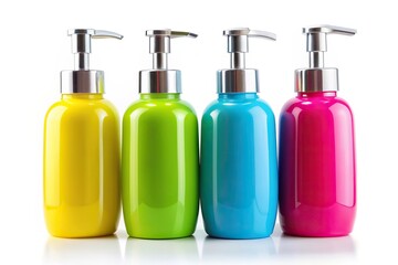 Wall Mural - Vibrant soap dispensers in assorted colors, including bright pink, electric blue, sunshine yellow, and lime green, lined up on a white background.