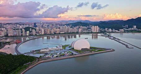 Wall Mural - Aerial view of beautiful coastline with modern city buildings scenery in Zhuhai, Guangdong Province, China. Famous travel destination.