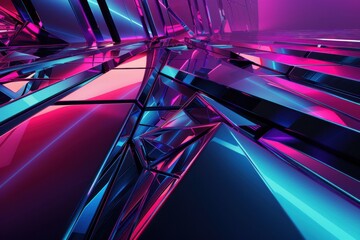 Abstract background of glowing neon lights reflecting on metallic surfaces. Futuristic, modern, and geometric design.