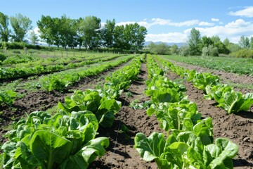 Wall Mural - Organic Vegetable Garden Rows Under Clear Blue Sky for Sustainable Farming and Gardening Posters