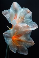 Wall Mural - Delicate Amaryllis flowers, with fine, semi-transparent petals glowing softly. Intricate veins and a gentle light from their centers create an enchanting, serene scene against the dark backdrop.