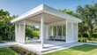 © Ramzan - minimalist pavilion with stark white Bahama shutters, providing a crisp, clean look that complements the simple, modern structure
