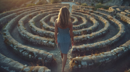 Wall Mural - A woman walks through a maze of stone walls