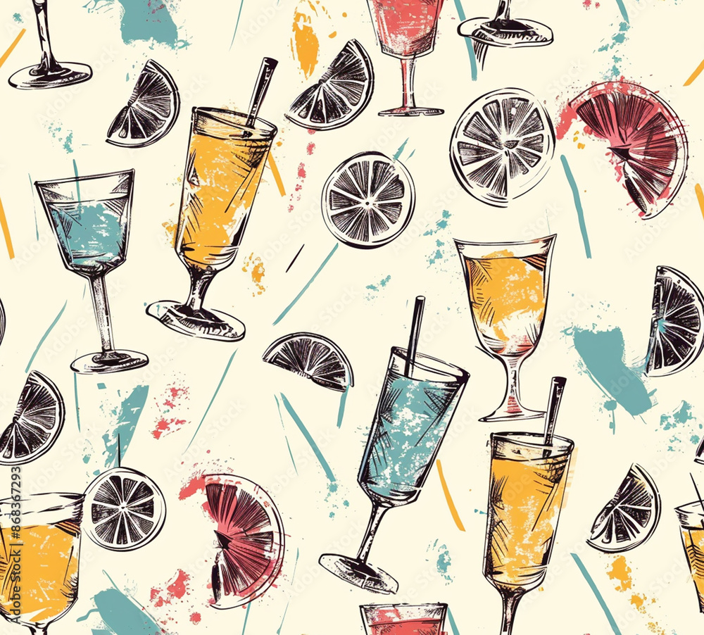 cute seamless pattern cocktail, vintage, retro, distressed. Elements ...