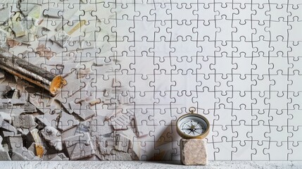 a white jigsaw puzzle with a rugged field compass on a white and gray gradient background with tesse