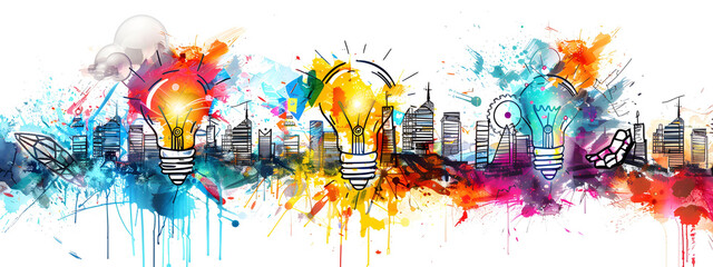 Poster - A vibrant digital collage depicting symbols of innovation and creativity, including light bulbs, gears, charts, circuit boards, and digital devices. Set against an abstract background.