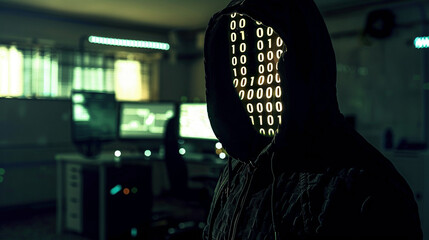 Wall Mural - Digital Intrusion: Shadowy Hacker Immersed in Binary Darkness