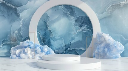 Poster - White marble podium and blue marble texture background, White marble podium and blue geode textured background, Abstact render winter scene and Natural podium background
