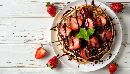 Pancakes with strawberries and chocolate decorated with mint leaf on white wooden table. Top view