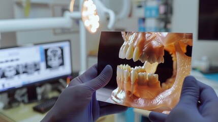 A 3D photograph of a patient is in the dentist's hand. The doctor examines him during the reception of the patient. Dental practice