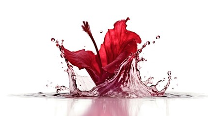 Sticker - Bright red hibiscus flower in the center, with its petals fully bloomed and stamens visible with Juice Splashes isolated on white background.