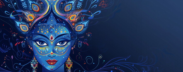 Indian Goddess Kali Maa on dark blue background. Goddess Durga Face. Religious festival of Hinduism Kali puja or Shyama Puja. Happy Durga Puja Shubh Navratri with copy space