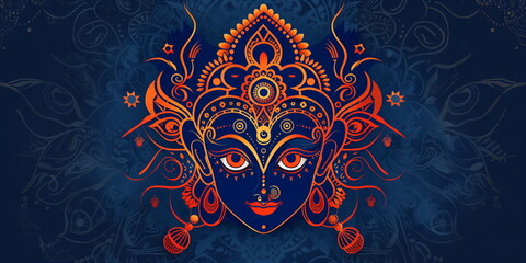 Indian Goddess Kali Maa on dark blue background. Goddess Durga Face. Religious festival of Hinduism Kali puja or Shyama Puja. Happy Durga Puja Subh Navratri