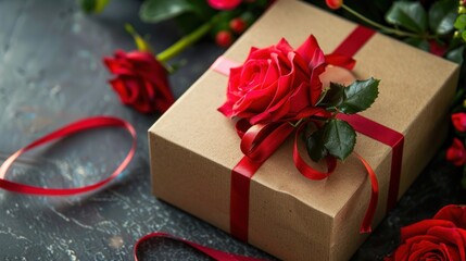 Sticker - beautifully wrapped gift box. The gift box is wrapped in light brown paper and decorated with a red ribbon